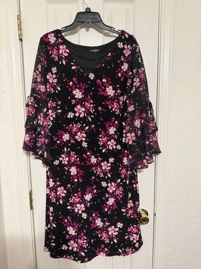 Roz & Ali Black Midi Dress with Pink Floral Print